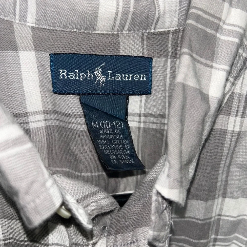 Ralph Lauren‎ Boys Grey White Plaid Button Down Shirt Size M 10-12 Long Sleeve